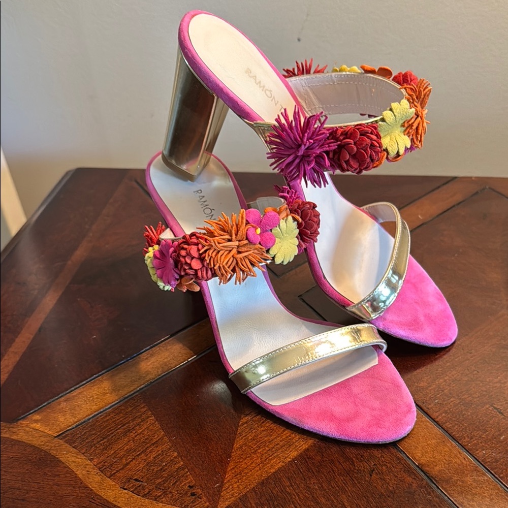 Paloma Barcelo Pink and Gold Heels with Decorative Embellishments